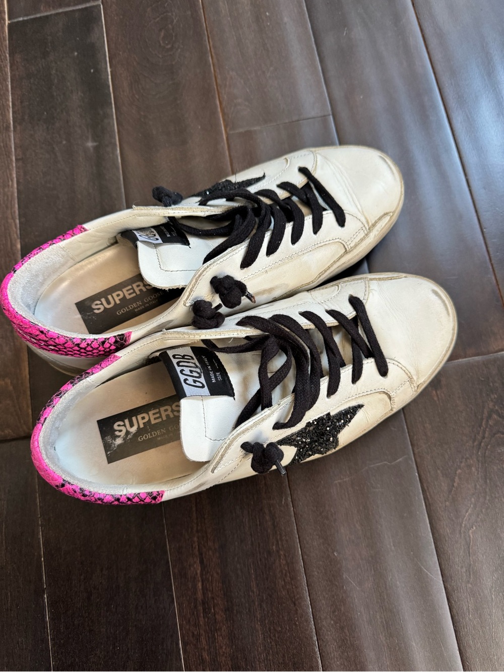 Golden Goose Superstar Sneakers Black Glitter Star Pink Heel Size 38